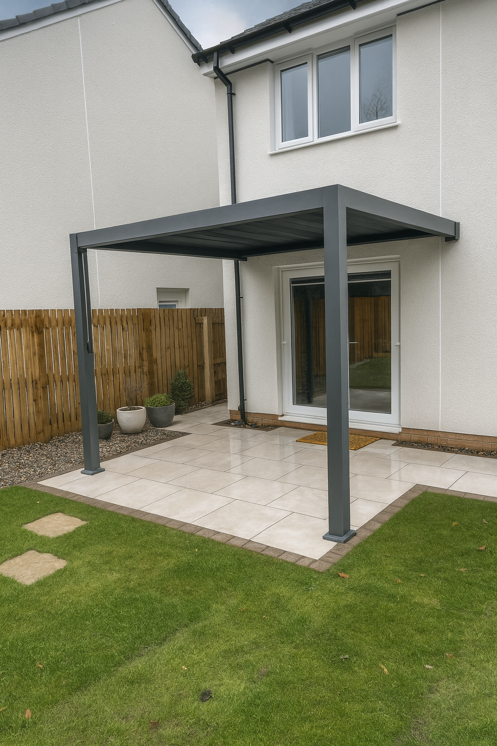 Modern aluminium pergola on coastal property with wind-resistant design in South Queensferry