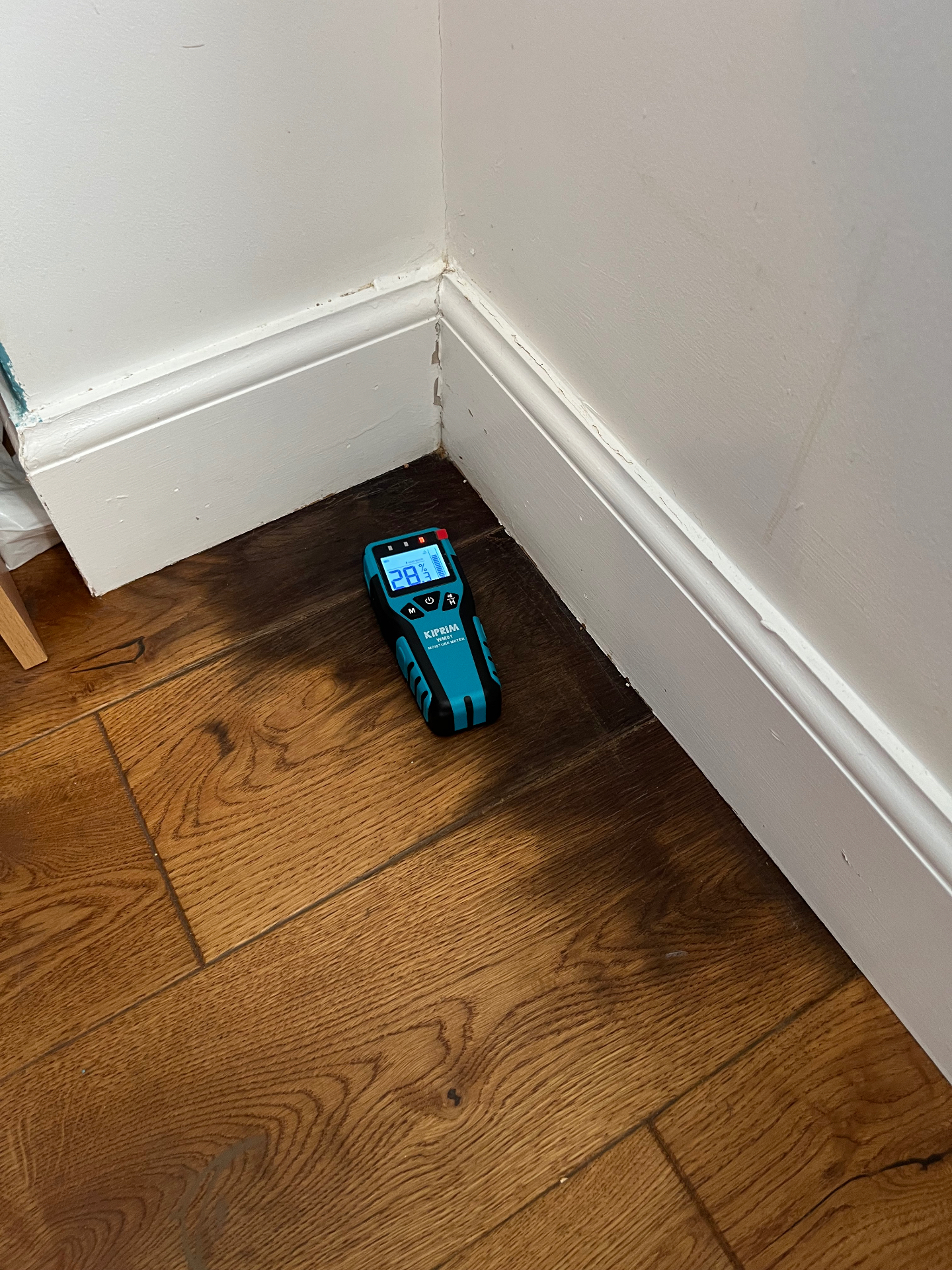 Damp meter reading 28.1% moisture content inside Falkirk property caused by paving errors