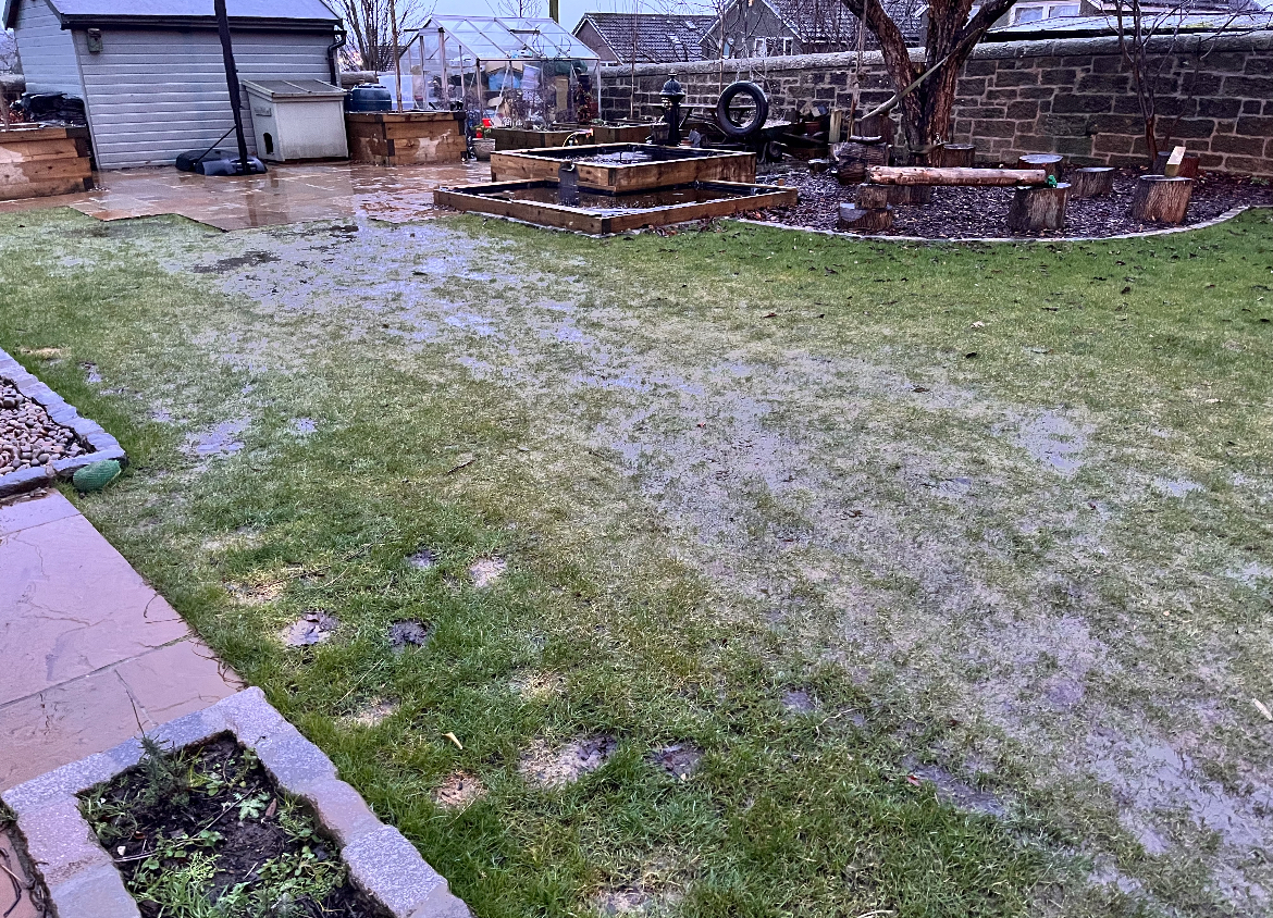 Waterlogged garden before drainage correction in Bathgate